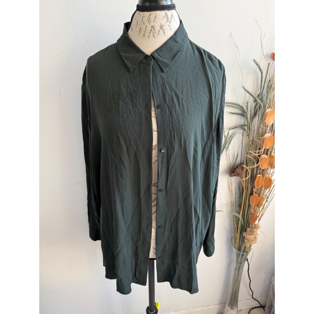 Eileen Fisher Womens 2X Forest Green 100% Silk Button Down Long Sleeve Shirt - Picture 3 of 8